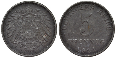 Германия 5 пфеннигов 1921 A KM 19, J. 297, Weege 5 железо 4118-1224