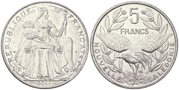 Французская Новая Каледония 5 франков 2011 птица кагу, (IEOM) KM 16, Schoen 12, Lec 81k алюминий 4111-816