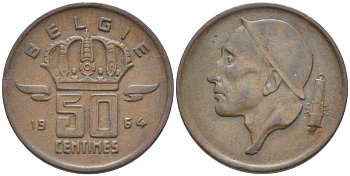 БЕЛЬГИЯ 50 САНТИМОВ 1964 BELGIE, БОДУЭН I (1951-1993) KM 149.1 бронза 116-1029