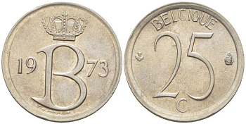 БЕЛЬГИЯ 25 САНТИМОВ 1973 BELGIQUE, БОДУЭН I (1951-1993) KM 153.1 медно-никель 214-438