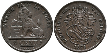 БЕЛЬГИЯ 2 САНТИМА 1870 BELGES KM 35.1 медь 95-651