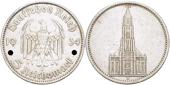 Германия 5 рейхсмарок 1934 А, кирха в Потсдаме KM 83, J. 357 серебро 1515-921