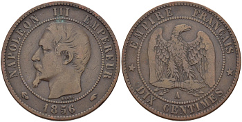 ФРАНЦИЯ 10 САНТИМОВ 1856 А, НАПОЛЕОН III (1852-1870) KM 771.1, LA FRANC 133.32 бронза 97-1236
