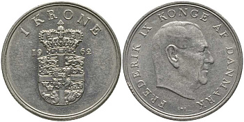 ДАНИЯ 1 КРОНА 1962 C; S, ФРЕДЕРИК IX (1947-1972) KM 851.1 медно-никель 4393-246