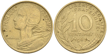 Франция 10 сантимов 1963 тип Марианна KM 929 медь алюминий никель    4594-1152