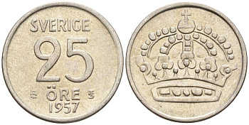Швеция 25 эре 1957 TS, Густав VI Адольф (1950-1973) KM 824 серебро 4147-1059