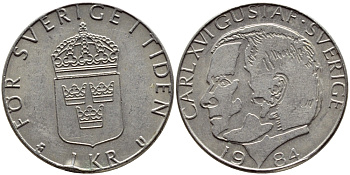 Швеция 1 крона 1984 Карл XVI Густав (1973- ) KM 852a медно-никель 4397-1136