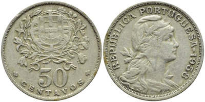 Португалия 50 сентаво 1958 KM 577 медно-никель 4395-817