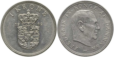 Дания 1 крона 1962 C; S, Фредерик IX (1947-1972) KM 851 медно-никель 4393-246