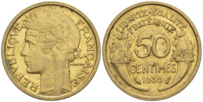 ФРАНЦИЯ 50 САНТИМОВ 1939 ТИП MORLON KM 894.1, LE FRANC 192.15 алюминиевая бронза 44-852