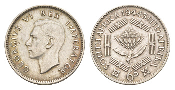ЮАР 6 пенсов 1944 редкий год, тираж - 228.000 экземпляров KM 27 серебро 1527-1135