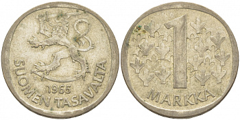 ФИНЛЯНДИЯ 1 МАРКА 1965 S KM 49 серебро 3457-941