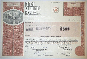 США, First Virginia Banks, Inc. 199 акций 1986 бумага 8805-33-1