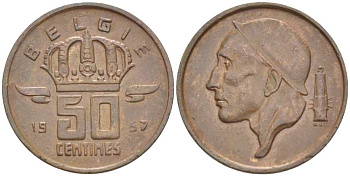 БЕЛЬГИЯ 50 САНТИМОВ 1957 BELGIE, БОДУЭН I (1951-1993) KM 149.1 бронза 206-141