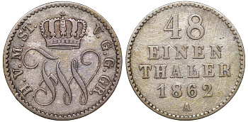 Мекленбург-Стрелиц 1/48 талера 1862 A, Фридрих Франц II (1842-1883) Jaeger 119, AKS 72, KM 96 серебро 4516-567