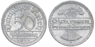 Германия 50 пфеннигов 1922 A KM 27, J. 301 алюминий aUNC 4114-1131