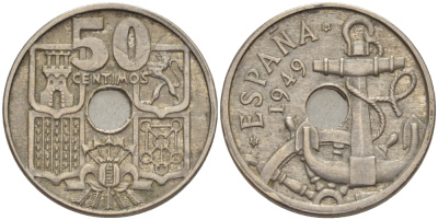 Испания 50 сентимо 1949 (56) Франко (1939-1975), морская атрибутика KM 777 медно-никель 216-525