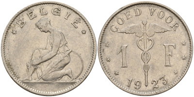 Бельгия 1 франк 1923 Belgie, Альберт I (1909-1934) KM 90 никель    4161-1154