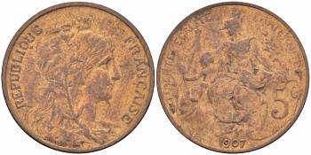 ФРАНЦИЯ 5 САНТИМОВ 1907 ТИП ДАНИЭЛЬ ДЮПЮИ KM 842, LE FRANC 119.17 бронза 108-856