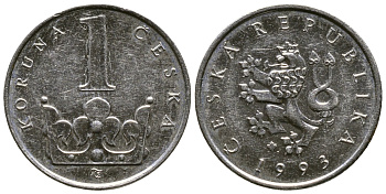 ЧЕХИЯ 1 КРОНА 1993 KM 7 сталь плакированная никелем 176-623