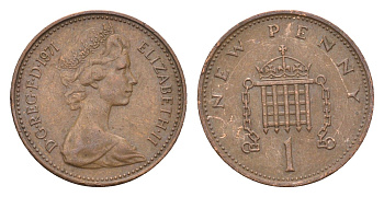 Великобритания 1 пенни 1971 Елизавета II (1952-2022) KM 915, Spink 4237 (B1) бронза 4697-939