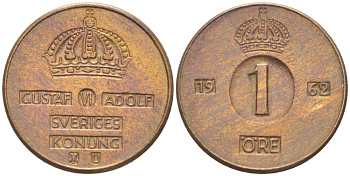 Швеция 1 эре 1962 U, Густав VI Адольф (1950-1973) KM 820 бронза 4516-758