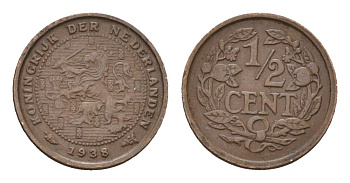 Нидерланды 1/2 цента 1938 Вильгельмина (1890-1948) KM 138 бронза 4674-1119