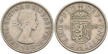 Великобритания 1 шиллинг 1958 Елизавета II (1952-2022), Шотландский герб KM 905, Spink 4148 медно-никель 4589-425