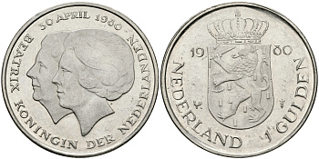 Нидерланды 1 гульден 1980 на коронацию Беатрикс, 30 апреля 1980 KM 200 никель 94-714