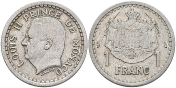 Монако 1 франк 1943 Луи II (1922-1949) KM 120 алюминий 190-525