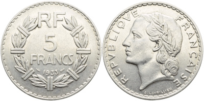 Франция 5 франков 1933 KM 888, Le Franc 336 никель 4389-1111