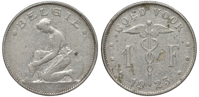 Бельгия 1 франк 1923 Belgie, Альберт I (1909-1934) KM 90 никель 51-942