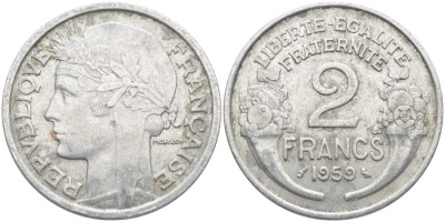 ФРАНЦИЯ 2 ФРАНКА 1959 KM 886a.1, LE FRANC 269.19 алюминий 109-1231