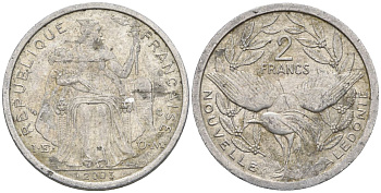 Французская Новая Каледония 2 франка 2003 птица кагу, (IEOM) KM 14, Schoen 11, Lec 68h алюминий    25-1214