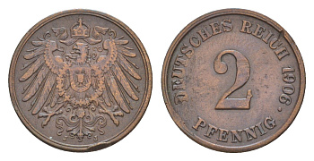 Германия 2 пфеннига 1906 J, Вильгельм II (1888-1918) KM 16, J. 11, Weege 4 медь 4639-1215