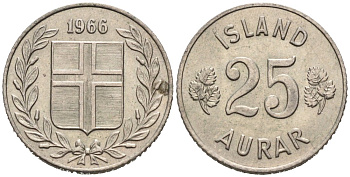 Исландия 25 эйре 1966 KM 11 медно-никель 4564-619