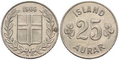 Исландия 25 эйре 1966 KM 11 медно-никель 4564-619