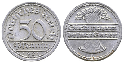 Германия 50 пфеннигов 1921 A KM 27, J.301, Weege 10 алюминий 4380-831