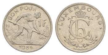 Люксембург 1 франк 1935 Шарлотта (1918-1964) KM 35 никель aUNC 4566-552