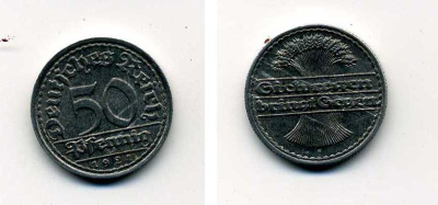 ГЕРМАНИЯ 50 ПФЕННИГОВ 1921 F KM 27, J. 301 алюминий 35-1212