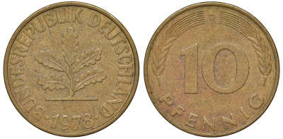 ФРГ 10 пфеннигов 1978 D KM 108, J. 383 сталь плакированная латунью 4132-552