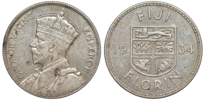 Фиджи 1 флорин 1934 Георг V (1910-1936), герб Фиджи KM 5 серебро 91-1226