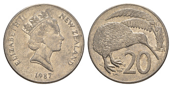 Новая Зеландия 20 центов 1987 Елизавета II (1952-2022), птичка киви KM 62 медно-никель 4187-347