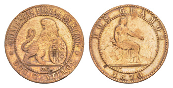 Испания 2 сентимо 1870 Временное правительство KM 661 медь 4655-464