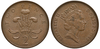 Великобритания 2 пенса 1988 Елизавета II (1952-2022) KM 936, Spink 4376 (C3) бронза 186-843