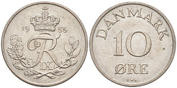 Дания 10 эре 1955 N; S, Фредерик IX (1947-1972) KM 841.1 медно-никель 187-511
