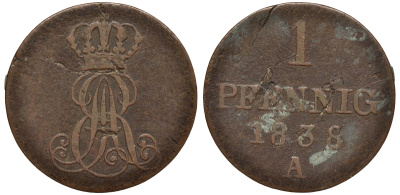 Ганновер 1 пфенниг 1838 A, Эрнст Август (1837-1851) KM 173.1, AKS 126, J. 54 медь 75-565