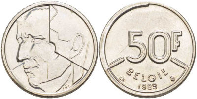 БЕЛЬГИЯ 50 ФРАНКОВ 1989 BELGIE, БОДУЭН I (1951-1993) KM 169 никель 4383-931