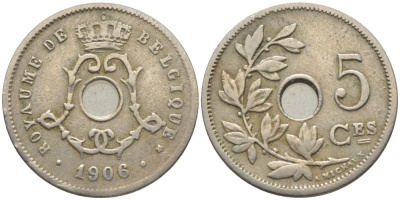 БЕЛЬГИЯ 5 САНТИМОВ 1906 BELGIQUE KM 54 медно-никель 105-1038