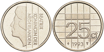 Нидерланды 25 центов 1993 Беатрикс (1980-2013) KM 204 никель UNC 4588-925